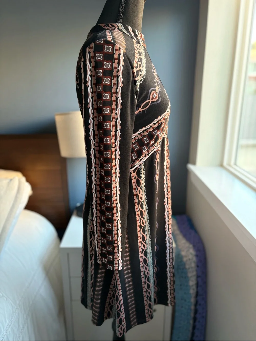 Free People Stella Print Mini Dress High Neck Bracelet Sleeves Sz S